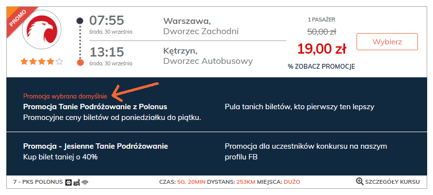 Wybór promocji na połączeniu autobusowym