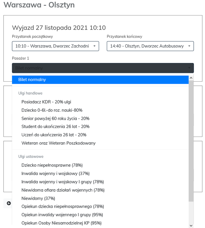 Wybór rodzaju biletu - wybór ulgi handlowej lub ustawowej