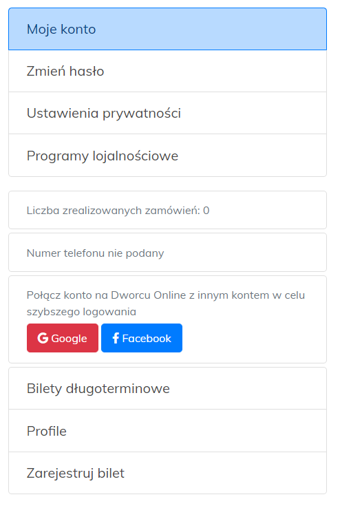 Połączenia konta z facebook i google