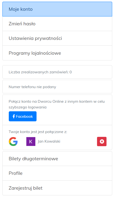 Lista połączonych kont