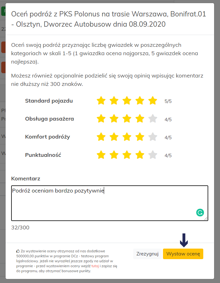 Oceń swoją podróż w czterech kategoriach