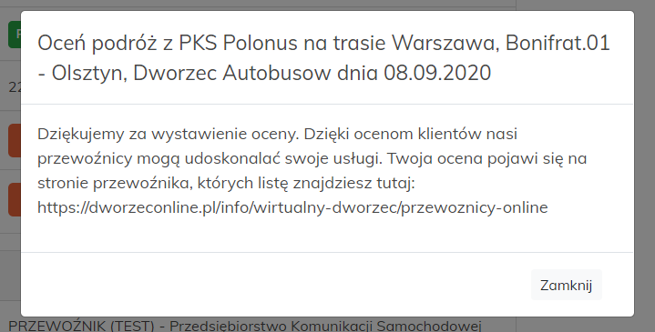 Po wystawieniu oceny pojawi się komunikat