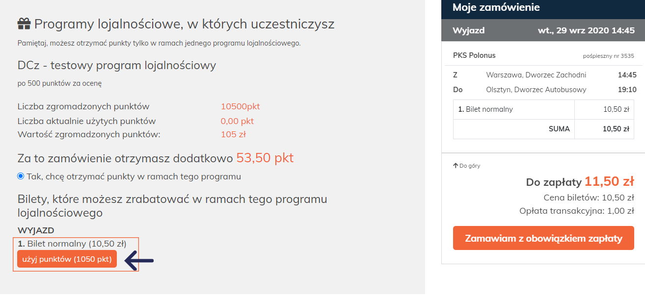 Wykorzystanie punktów w ramach programu Pasażer PLUS