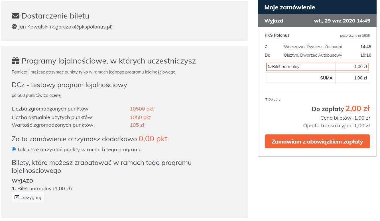 Rabatowanie biletu przy użyciu punktów