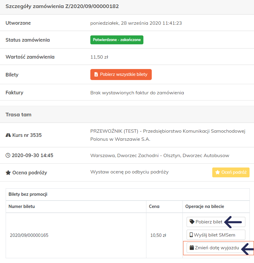 proces przebookowania biletu na Dworcu Online - zmiana daty