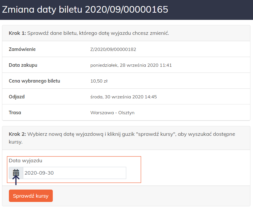 proces przebookowania biletu na Dworcu Online