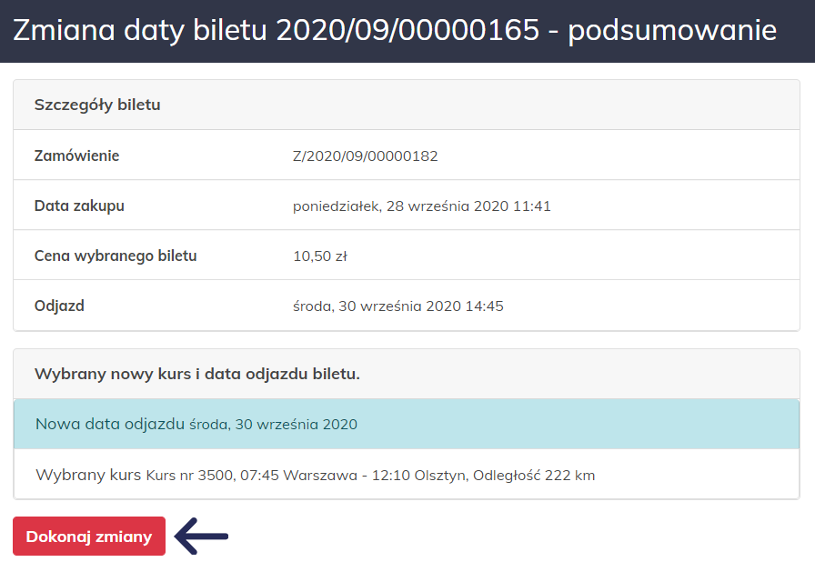 proces przebookowania biletu na Dworcu Online - podsumowanie