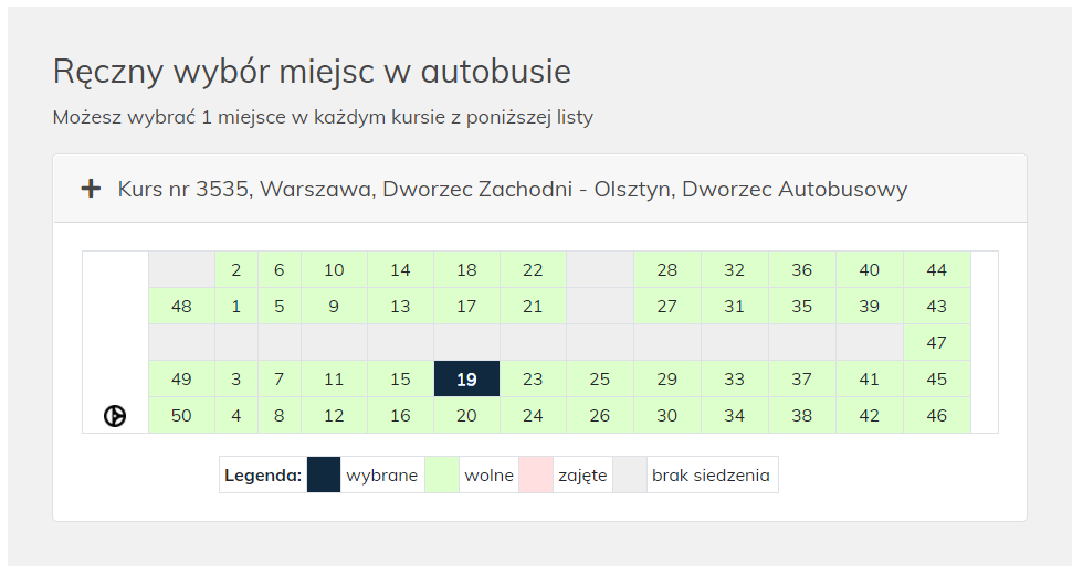 wybór miejsc w autobusie - makieta autobusu
