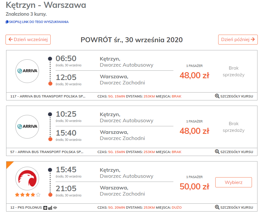 Lista kursów autobusowych - wybór połączenia wyjazdowego i powrotnego