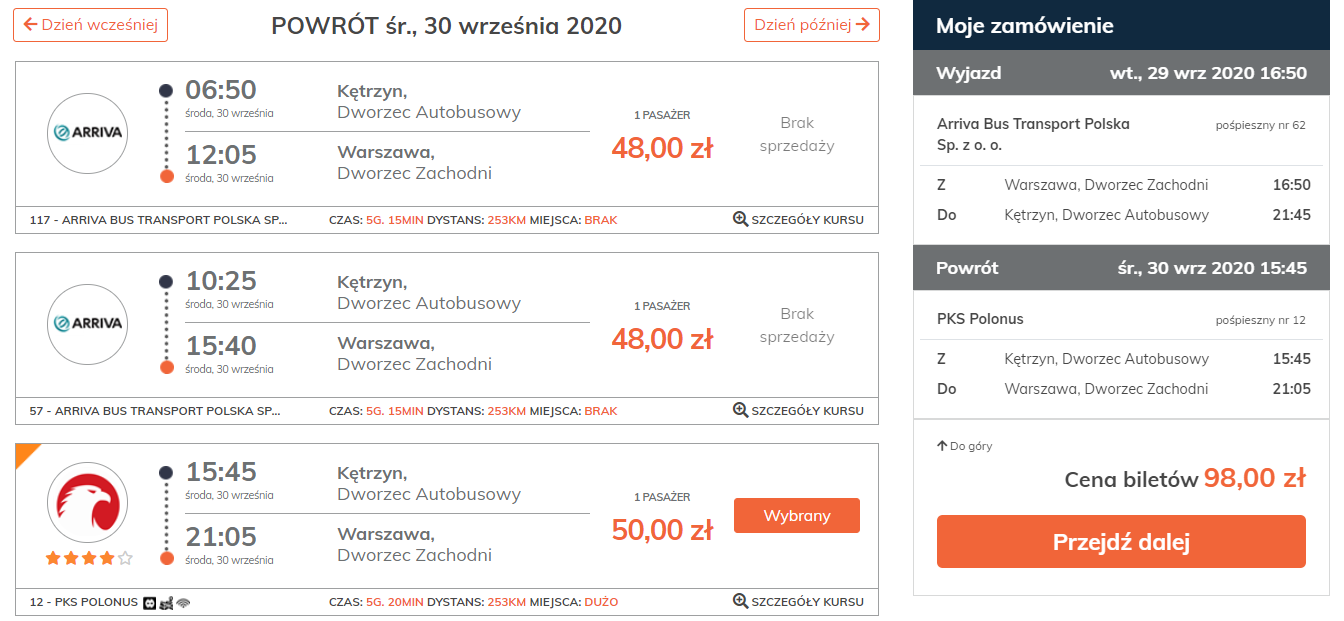 lista kursów wybór połączenia powrotnego