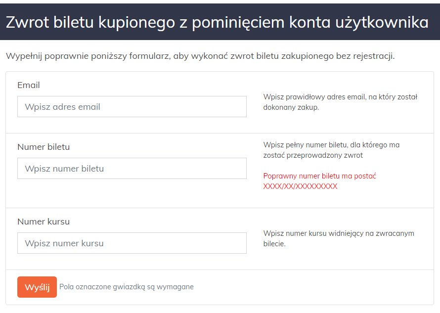 Formularz zwrotu biletu dla osób, którzy kupili bilet bez rejestracji