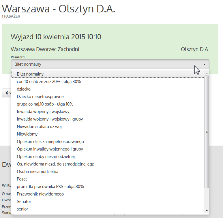Krok 3: Możliwość wyboru ulgi handlowej, ustawowej lub promocji (o ile są dostępne) Wybór rodzaju biletu - wybór ulgi handlowej lub ustawowej