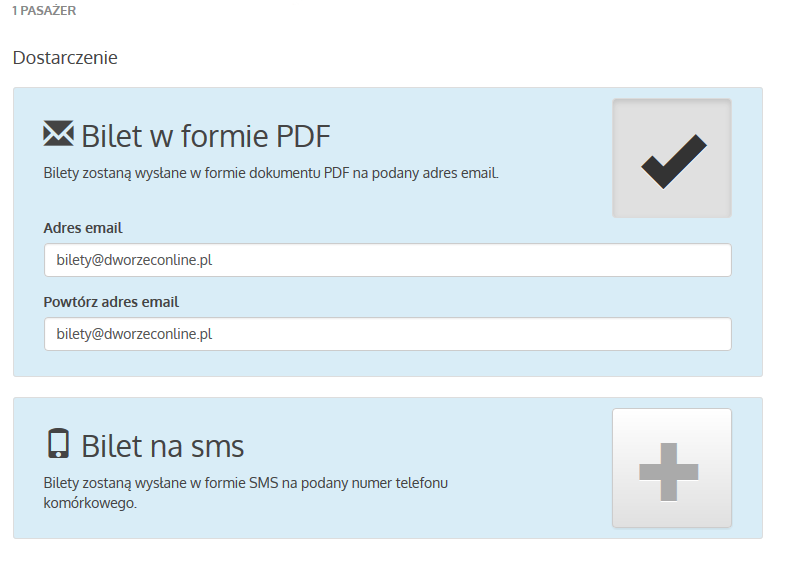 Krok 4: Wpisz swój adres e-mail, na który mają zostać dostarczone bilety po opłaceniu forma dostarczenia biletów